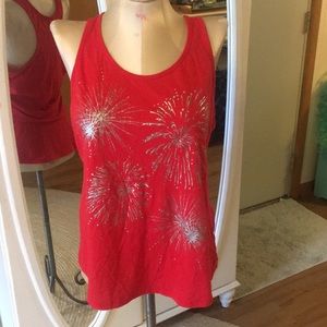 Large red tank top with fireworks 💥 in diamonds